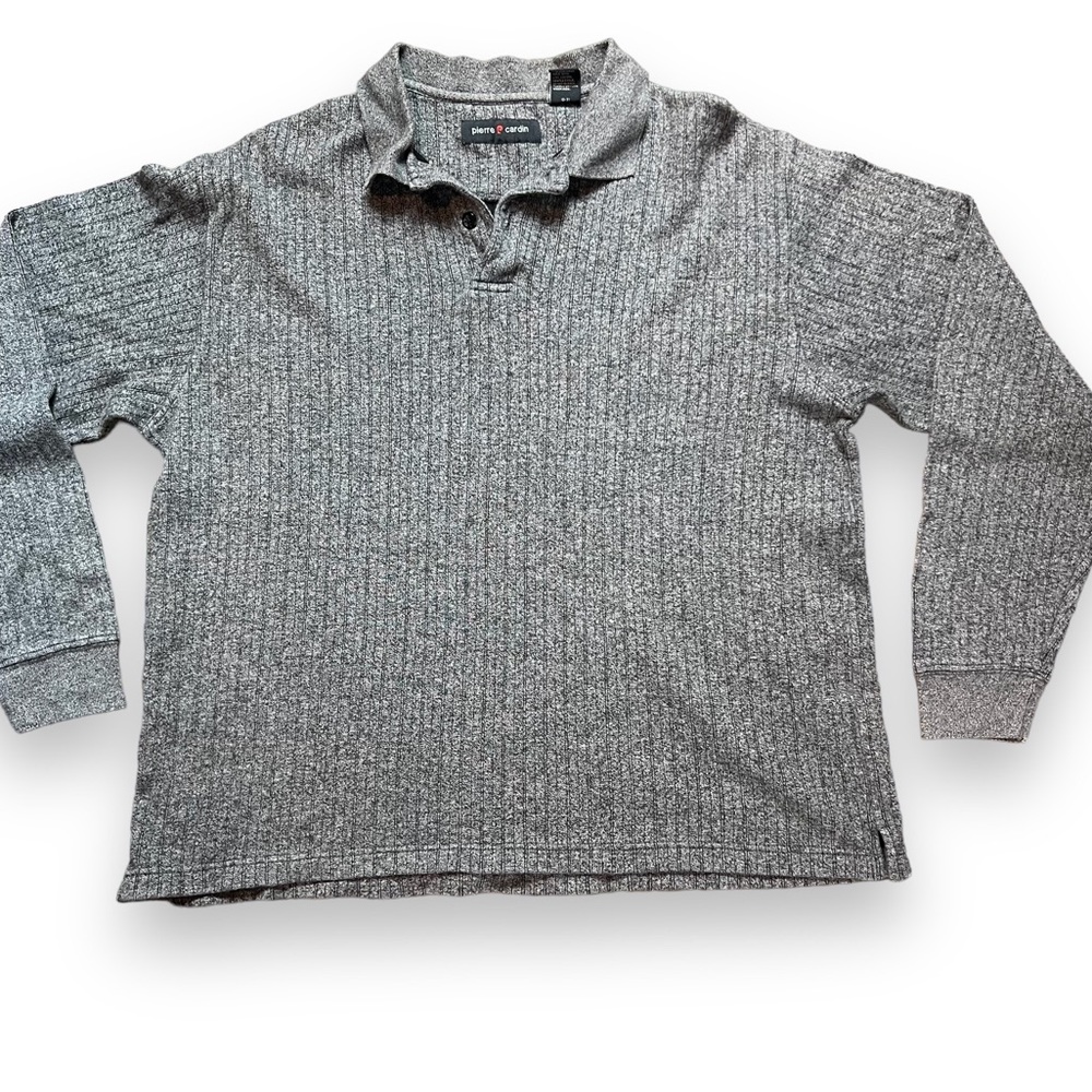 Men’s Pierre Cardin Gray long-sleeve cable knit polo sweater-like top, Size L